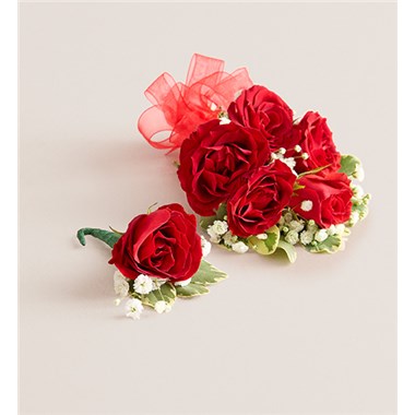 Red Spray Corsage & Bout -Red Bow